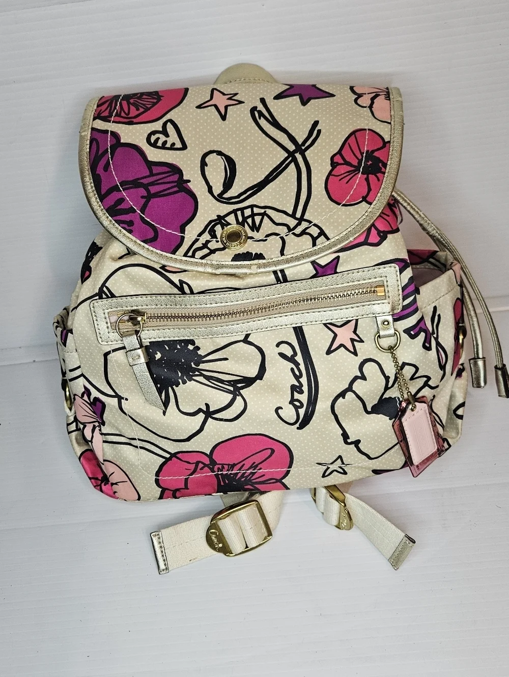 COACH Kyra Floral Poppy Print Backpack Pink White Purple Gold Tone Bag